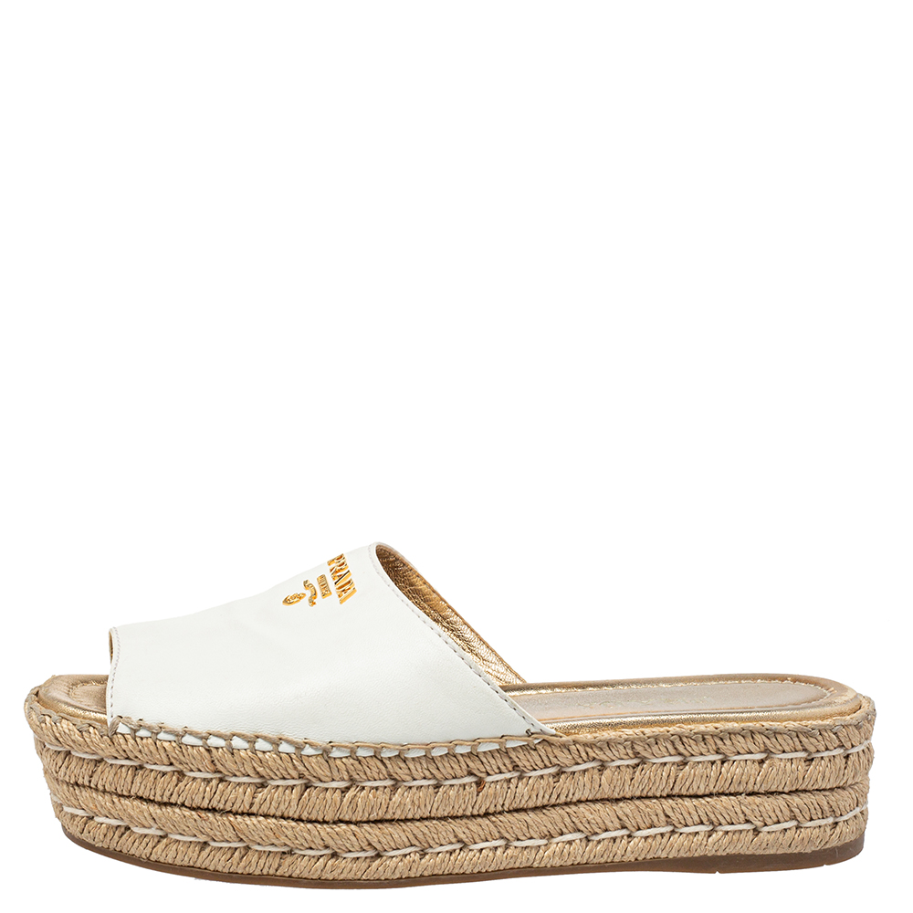 

Prada White Leather Platform Espadrille Slide Sandals Size