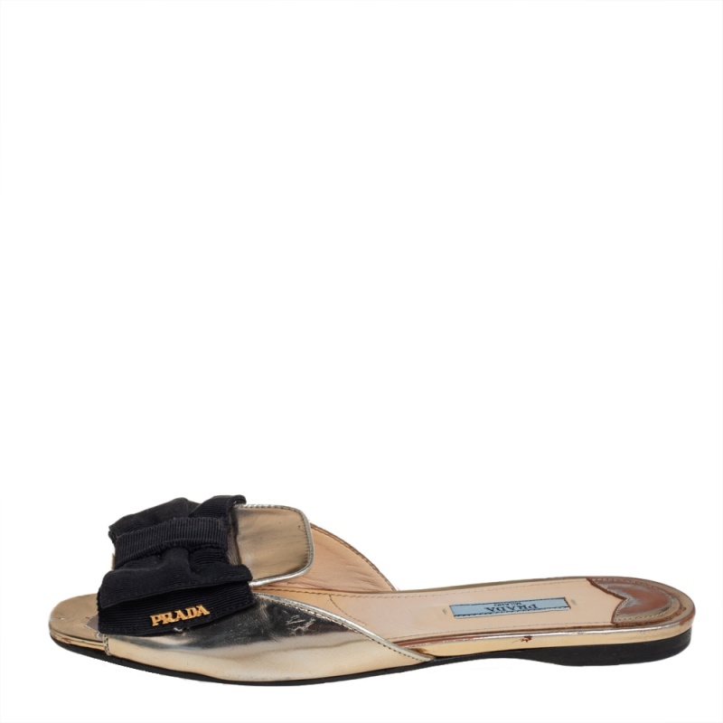 

Prada Gold Leather Bow Peep Toe Flat Slides Size