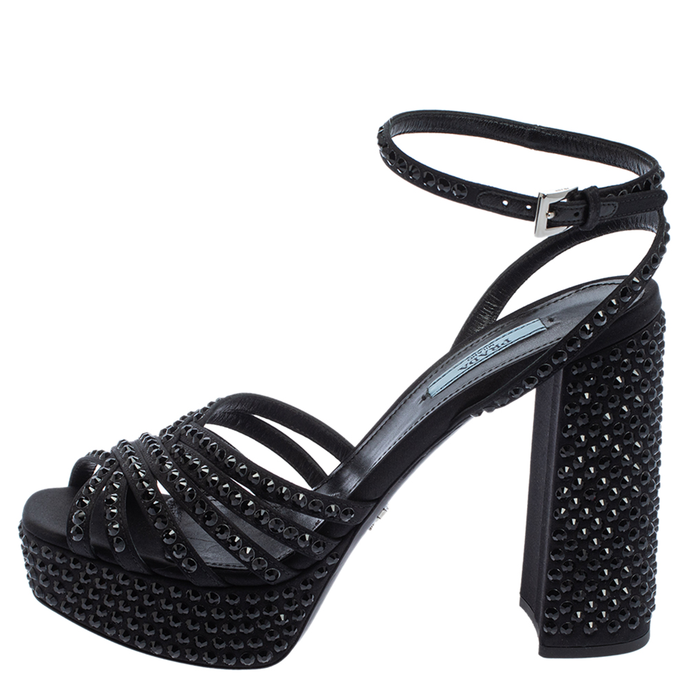 

Prada Black Satin And Crystal Embellished Platform Sandals Size