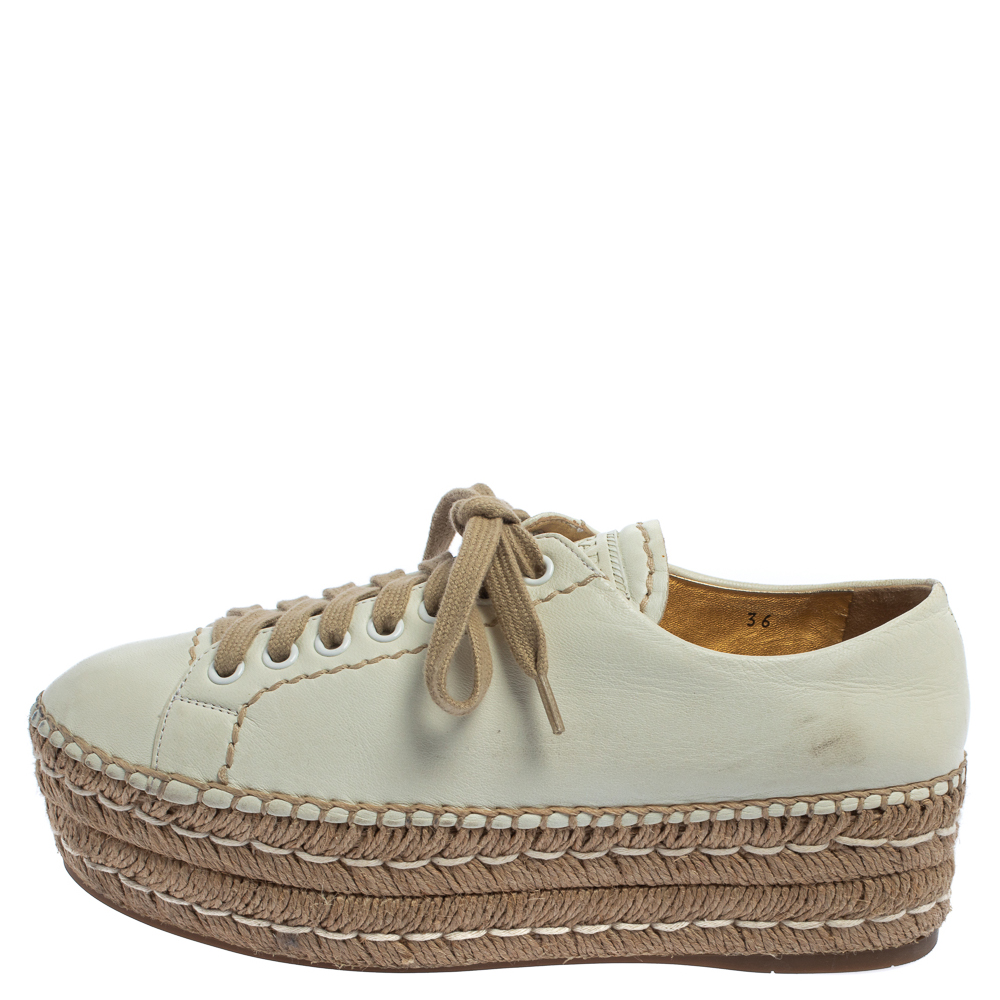 

Prada Off White Leather Espadrille Wedge Sneakers Size