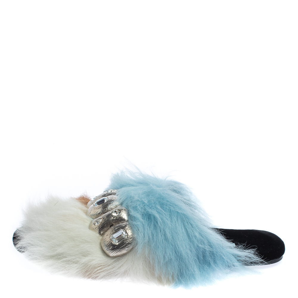 

Prada Multicolor Fur Embellished Fluffy Sandals Size