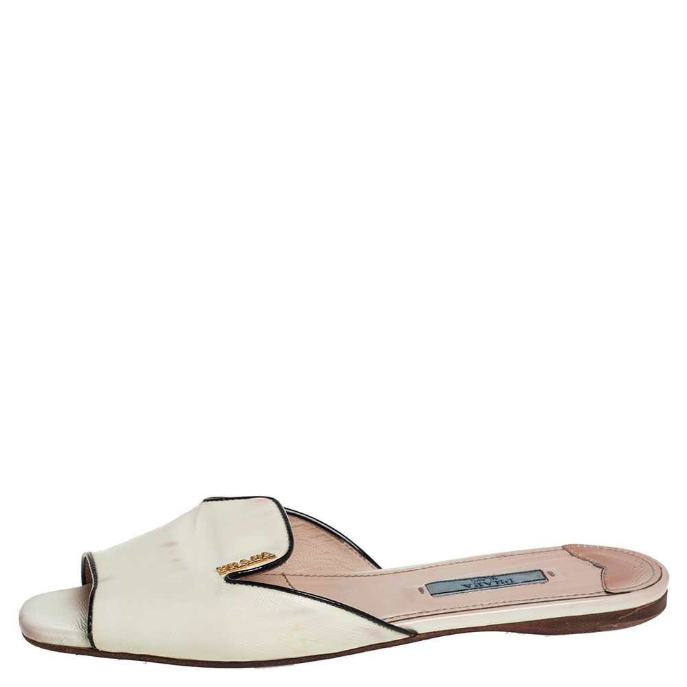 

Prada Cream And Black Patent Leather Logo Embellished Flat Slides Size