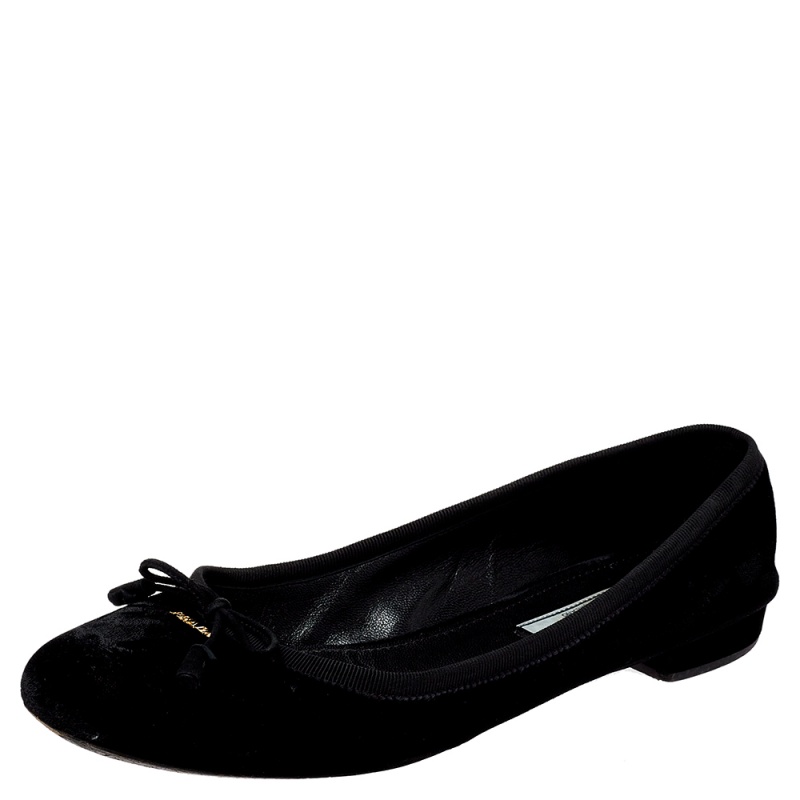 Pre-owned Prada Black Velvet Bow Ballet Flats Size 39