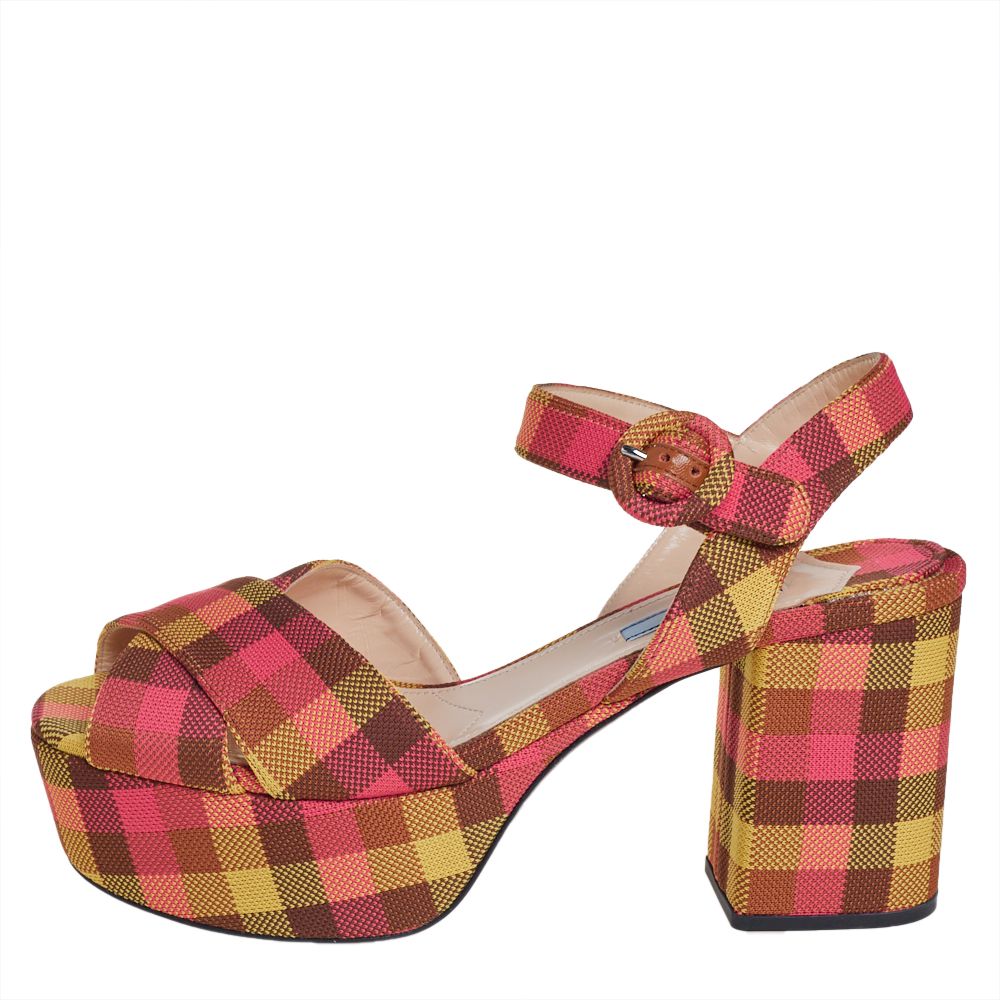 

Prada Multicolor Check Jacquard Criss Cross Platform Ankle Strap Sandals Size