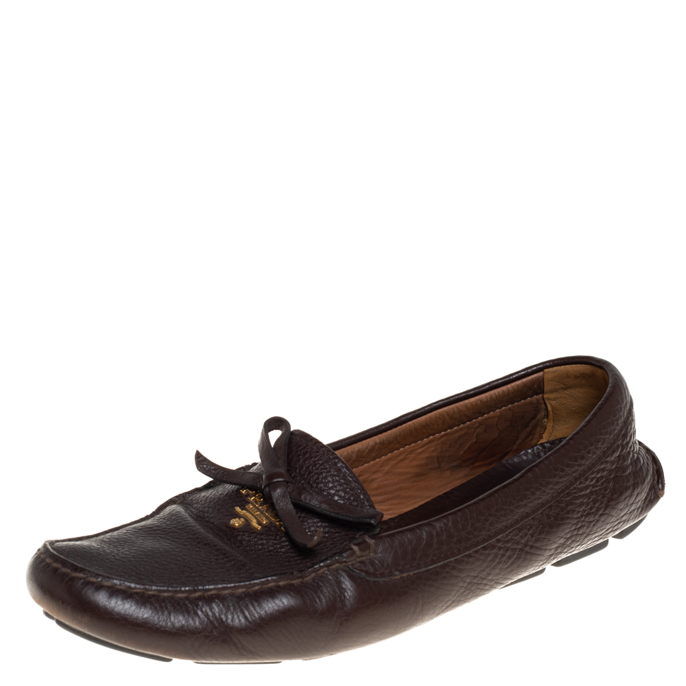 Pre-owned Prada Brown Leather Bow Loafers Size 40
