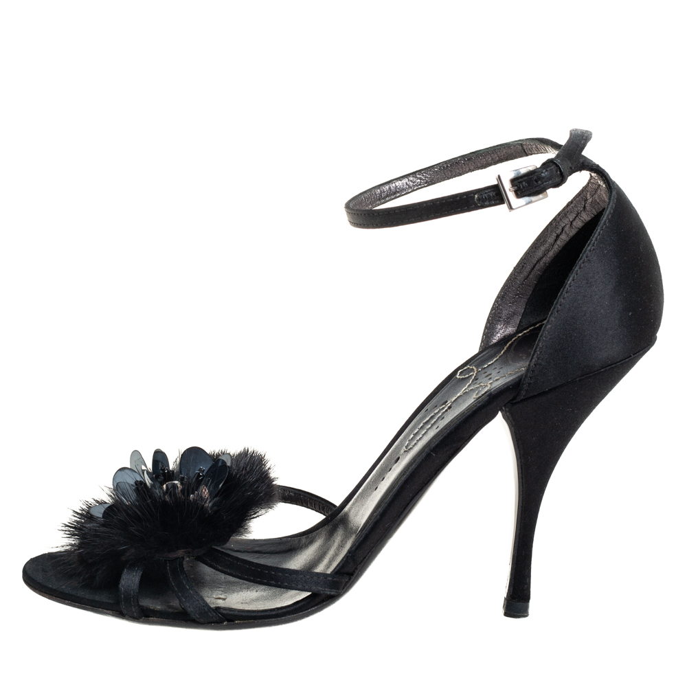 

Prada Black Satin And Fur Crystal Embellished Flower Ankle Strap Sandals Size