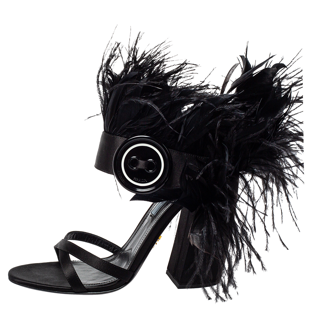 

Prada Black Satin And Feather Trim Criss Cross Block Heel Sandals Size