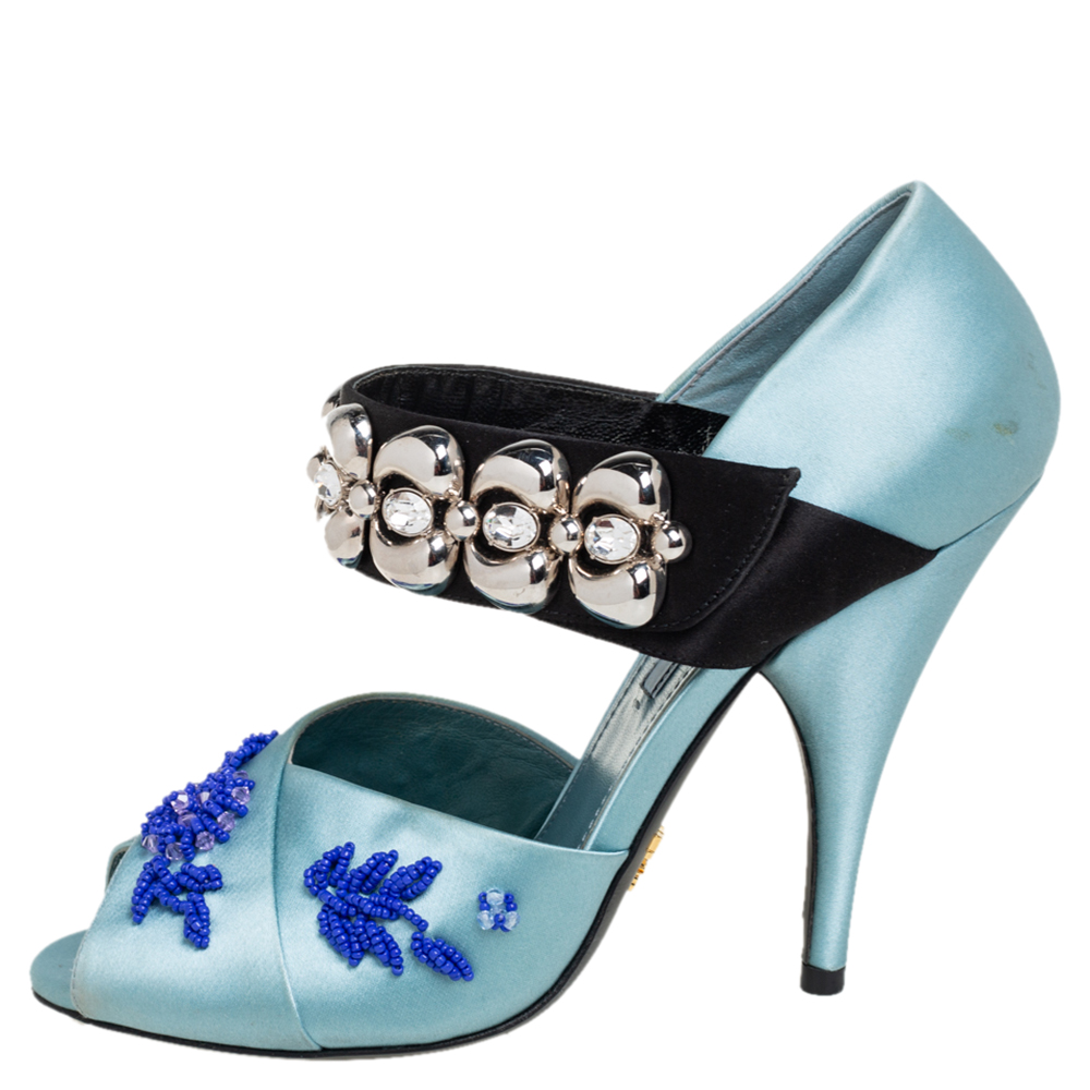 

Prada Blue Satin Embroidered Mary Jane Pumps Size