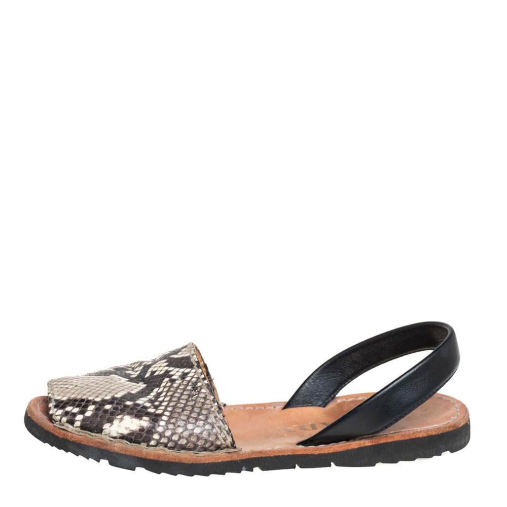 

Prada Brown /Beige Python Embossed Leather Slingback Flat Sandals Size
