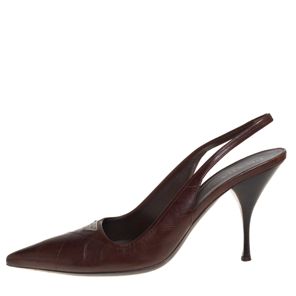 

Prada Brown Leather Slingback Pointed Toe Sandals Size