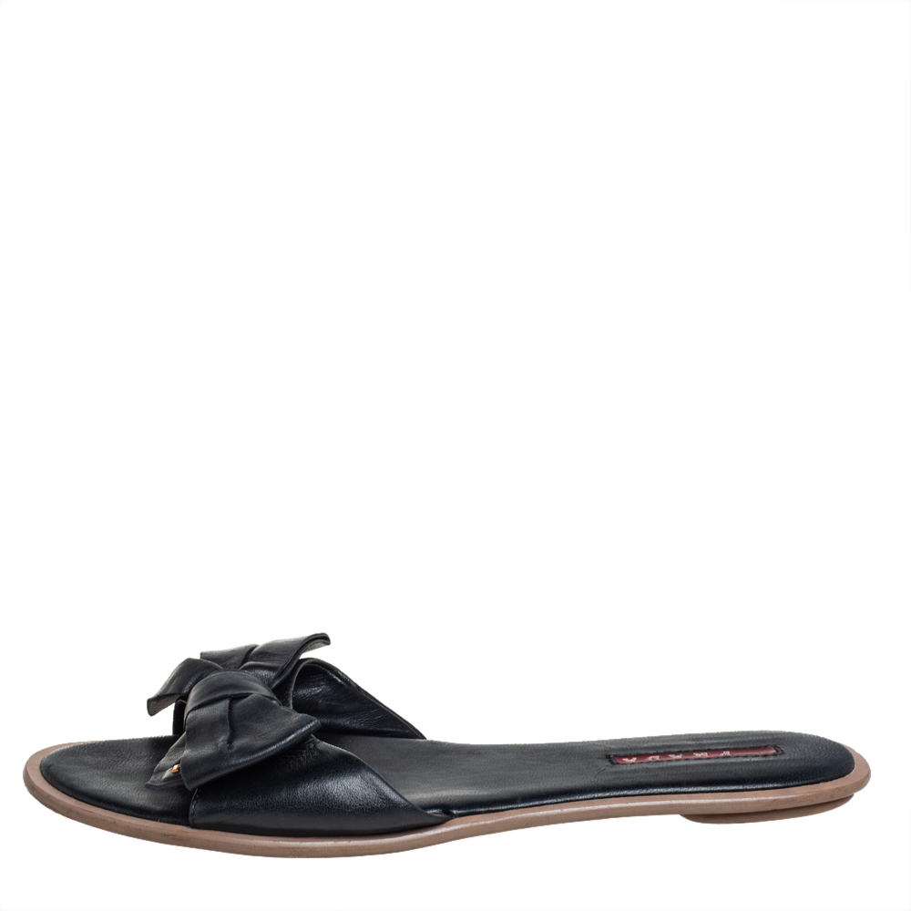 

Prada Black Leather Bow Flat Slides Size