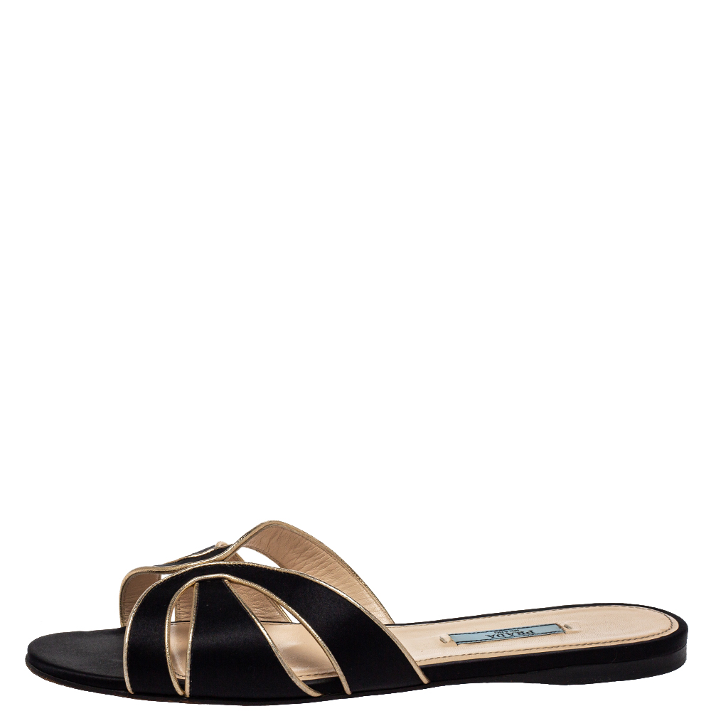 

Prada Black Laser Cut Satin Flat Slides Size