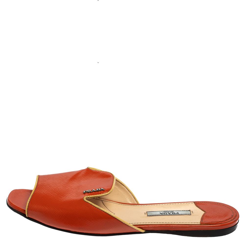 

Prada Orange Patent Saffiano Leather Flat Slides Size