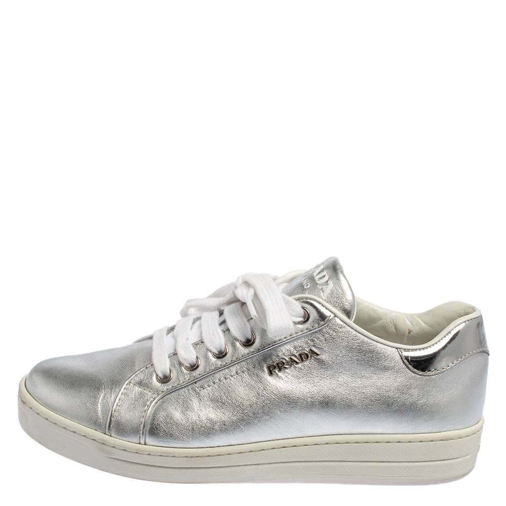 

Prada Metallic Silver Leather Low Top Sneakers Size
