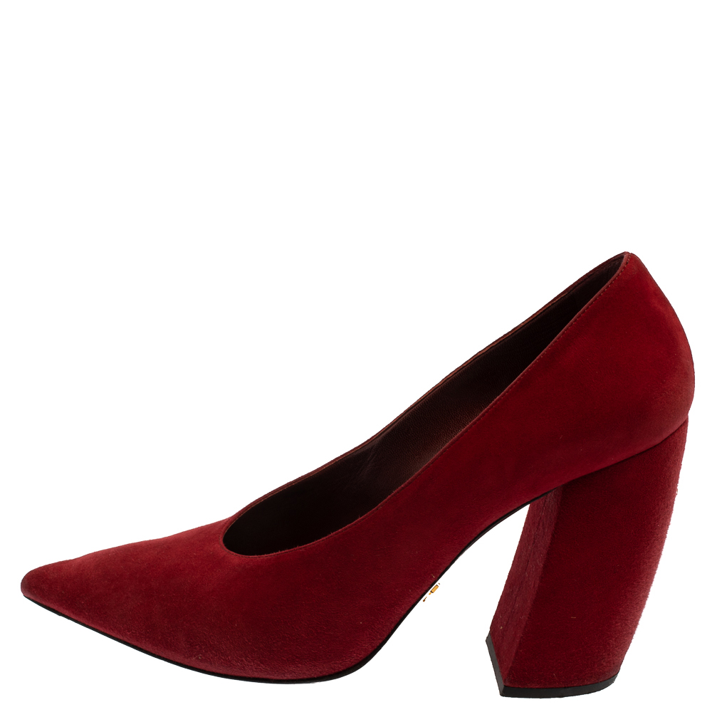 

Prada Red Suede Slanted Block Heel Pumps Size
