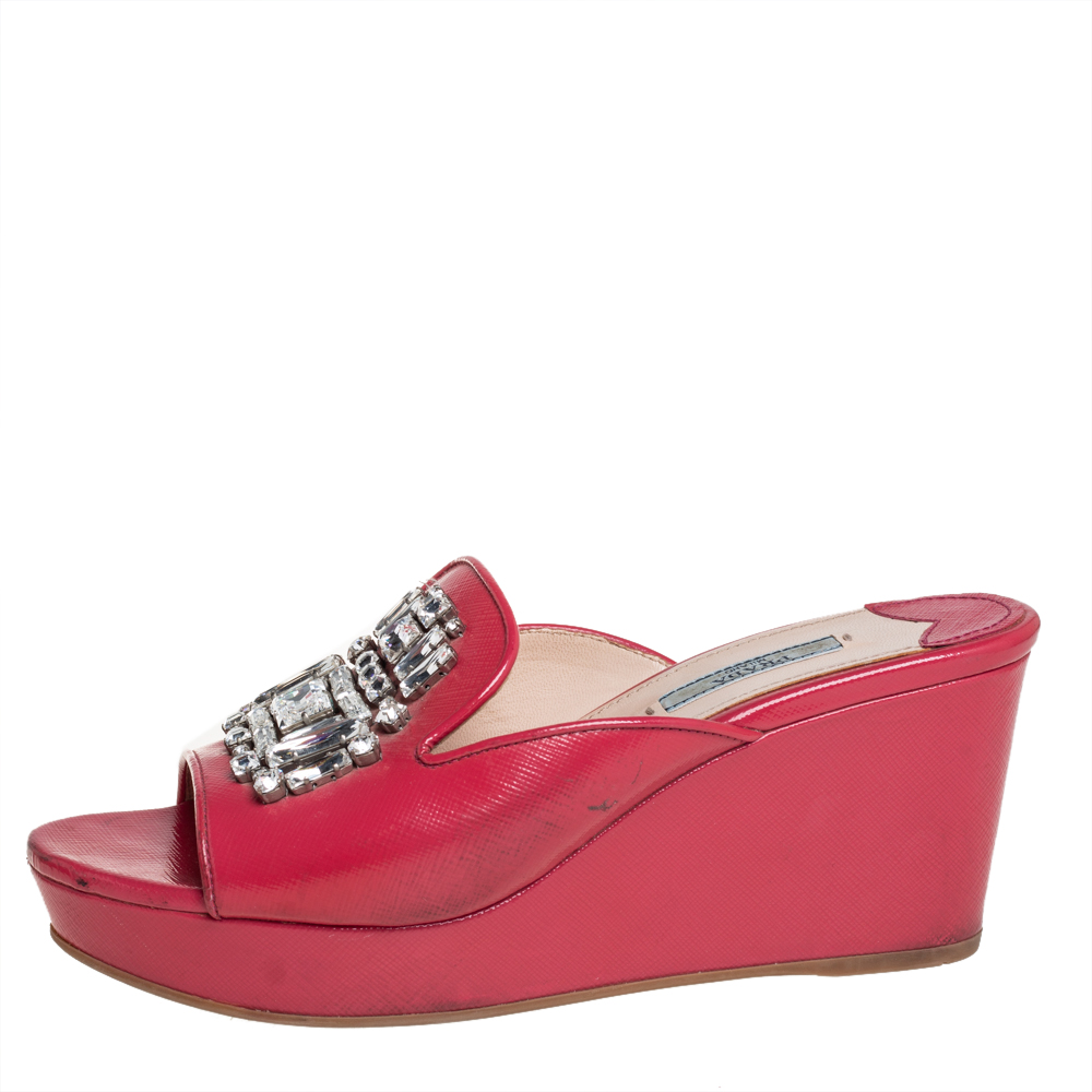 

Prada Red Patent Leather Crystal Embellishment Wedge Sandals Size