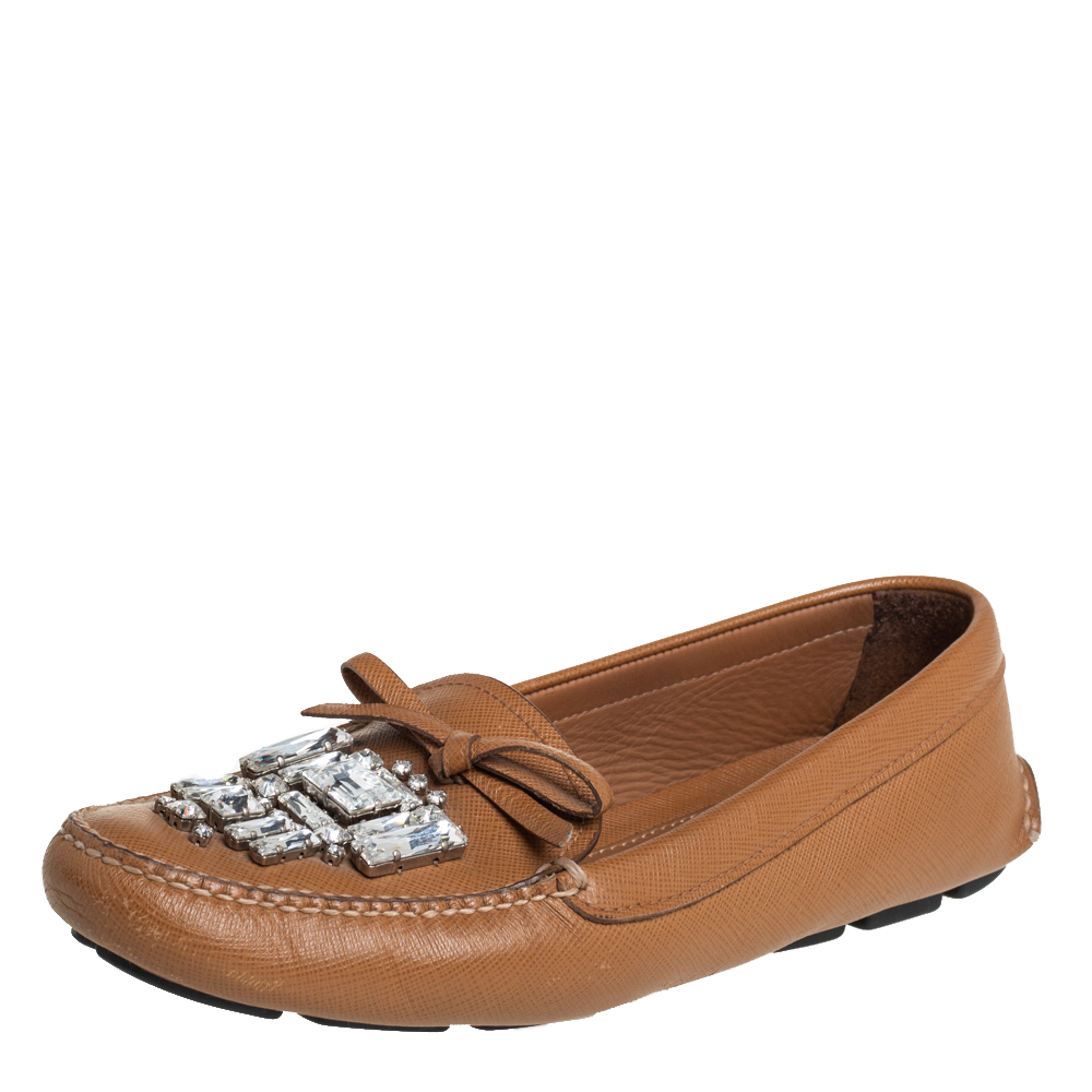 Prada Brown Leather Crystal Embellished Loafers Size 37