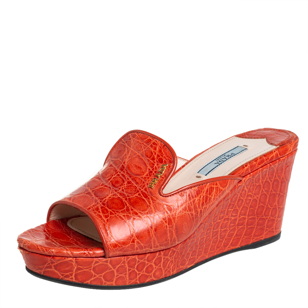 Pre-owned Prada Orange Croc Leather Wedge Mule Sandals Size 37