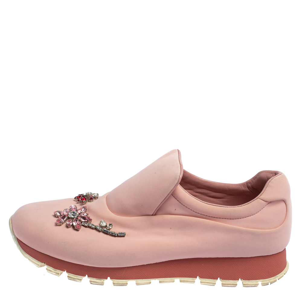 

Prada Pink Nylon Crystal Embellished Slip On Sneakers Size