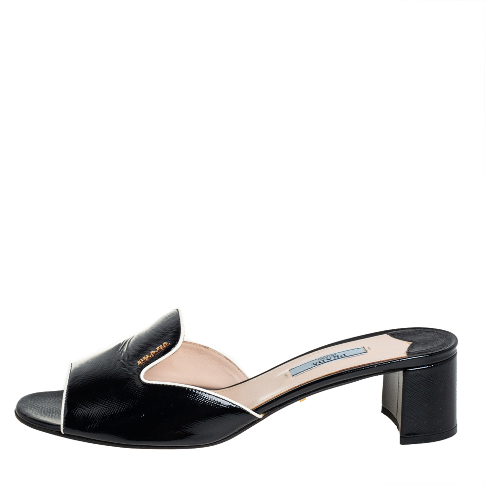 

Prada Black Patent Saffiano Leather Block Heel Slide Sandals Size