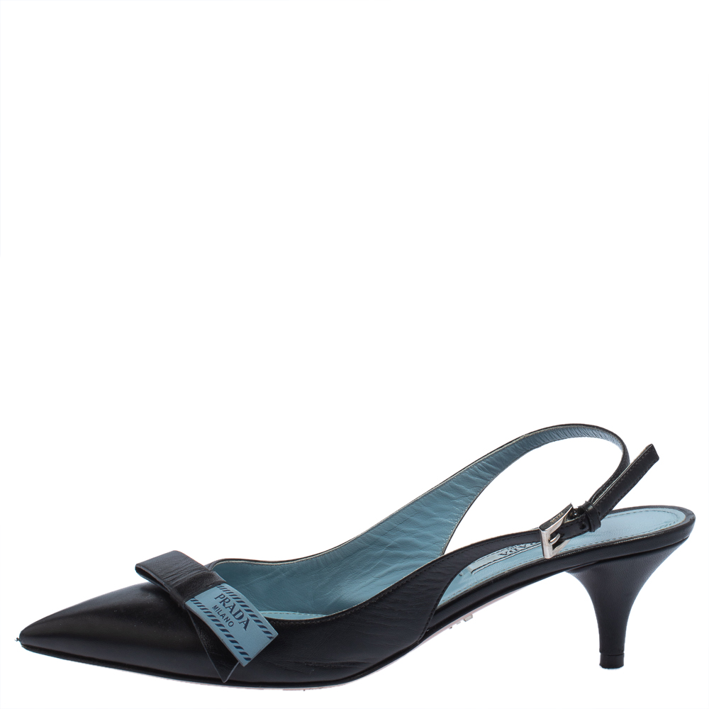 

Prada Black Leather Bow Slingback Sandals Size