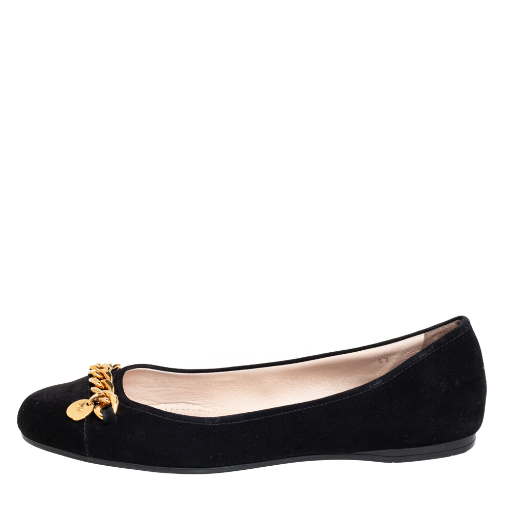 

Prada Black Suede Chain-Link Accents Ballet Flats Size