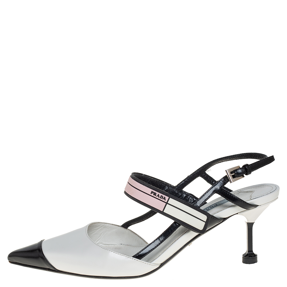 

Prada White/Black Leather Cap Toe Slingback Sandals Size