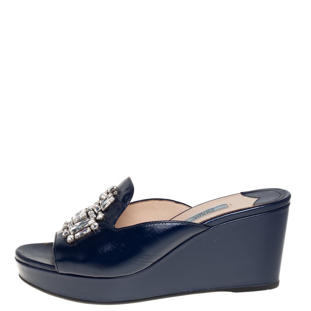 

Prada Blue Patent Leather Crystal Embellished Wedges Size