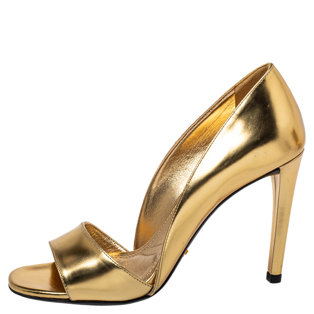 

Prada Metallic Gold Patent Leather Peep Toe Pumps Size
