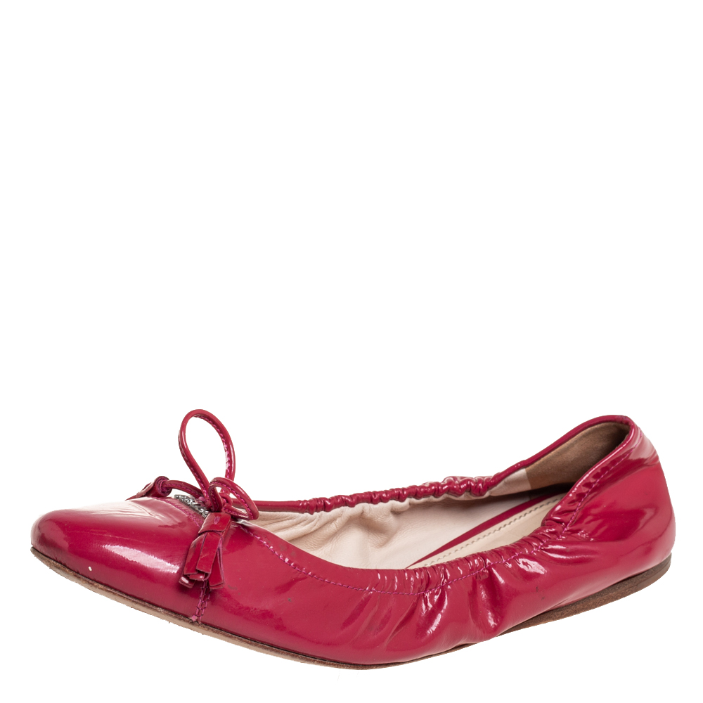 Pre-owned Prada Pink Patent Leather Tassel Bow Scrunch Ballet Flats Size 35