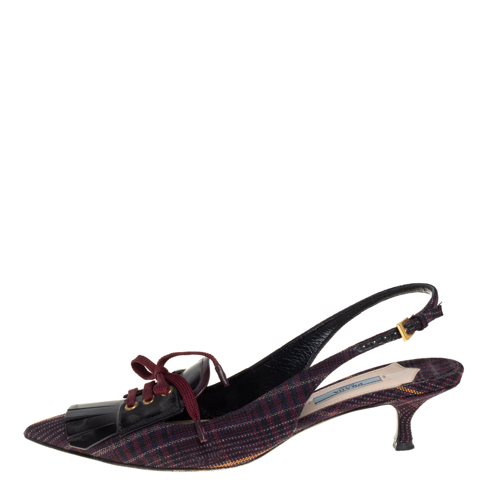 

Prada Multicolor Canvas and Leather Fringe and Lace Detail Slingback Sandals Size