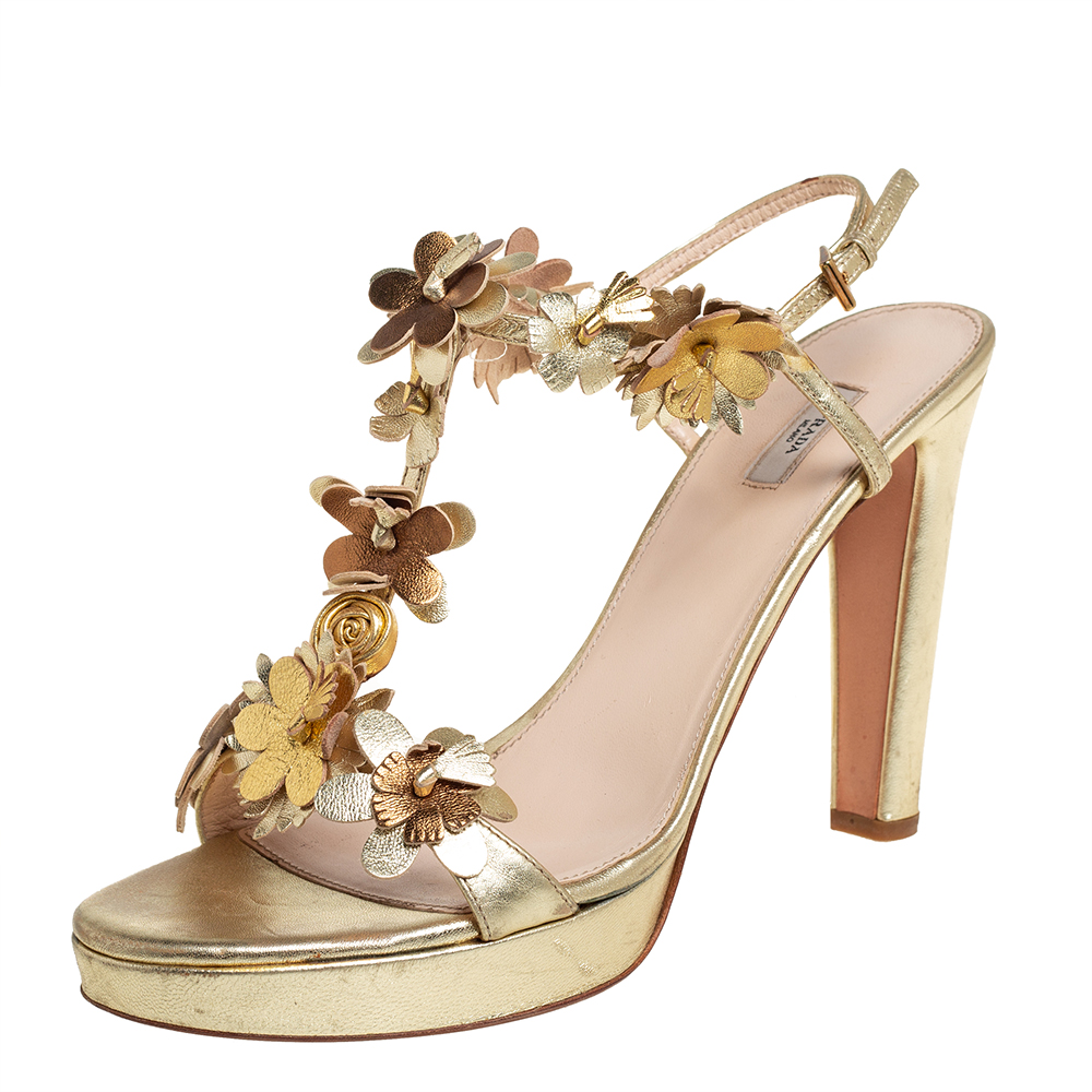 Pre-owned Prada Gold Leather Floral T-strap Sandals Size 40.5