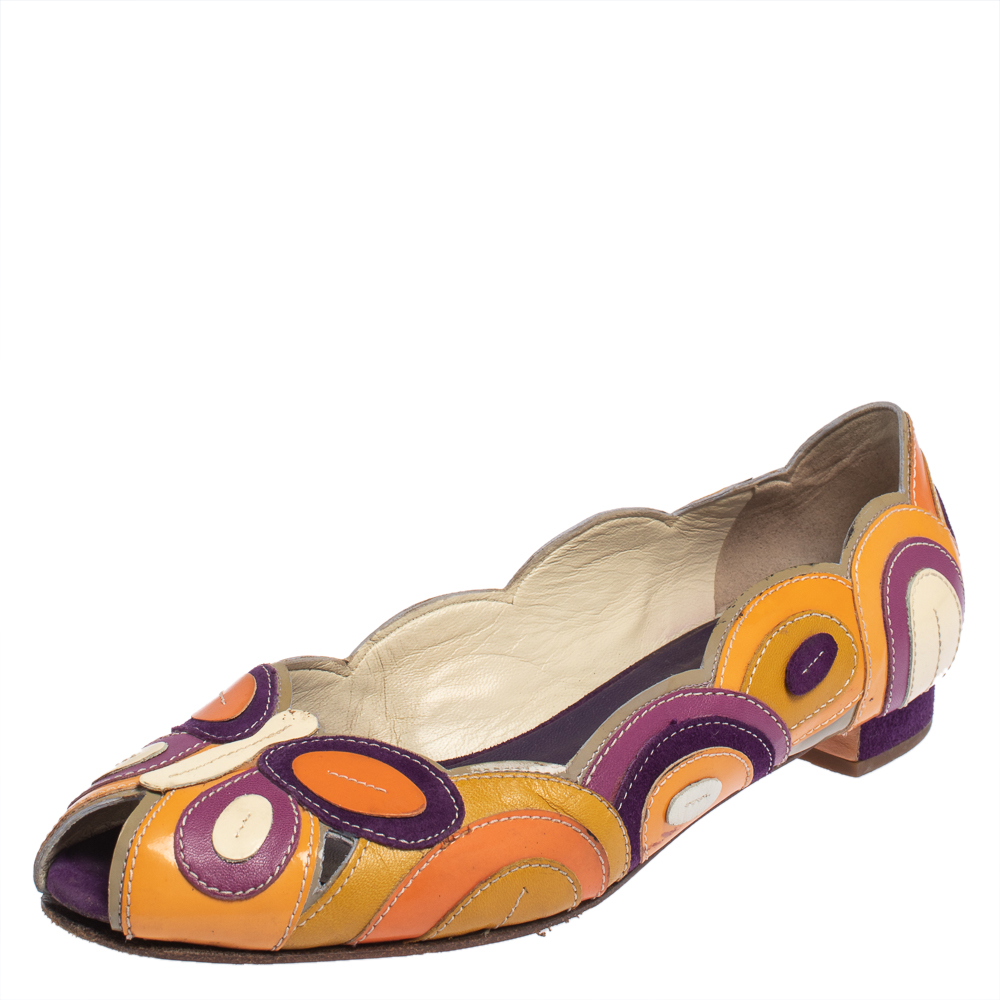 Pre-owned Prada Multicolor Patent Leather Butterfly Peep To Ballet Flats Size 38