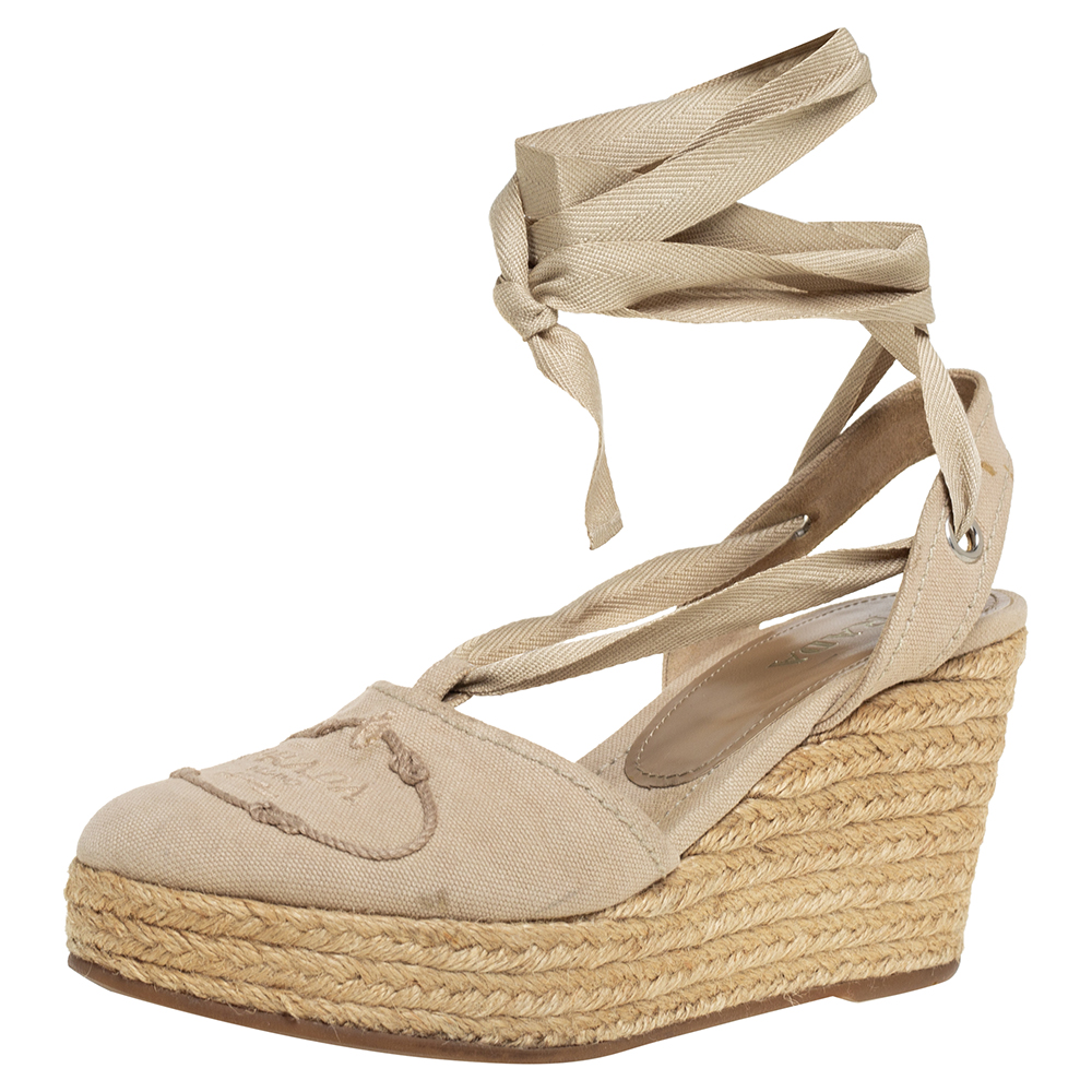 Pre-owned Prada Beige Canvas Espadrille Ankle Wrap Wedge Sandals Size 37
