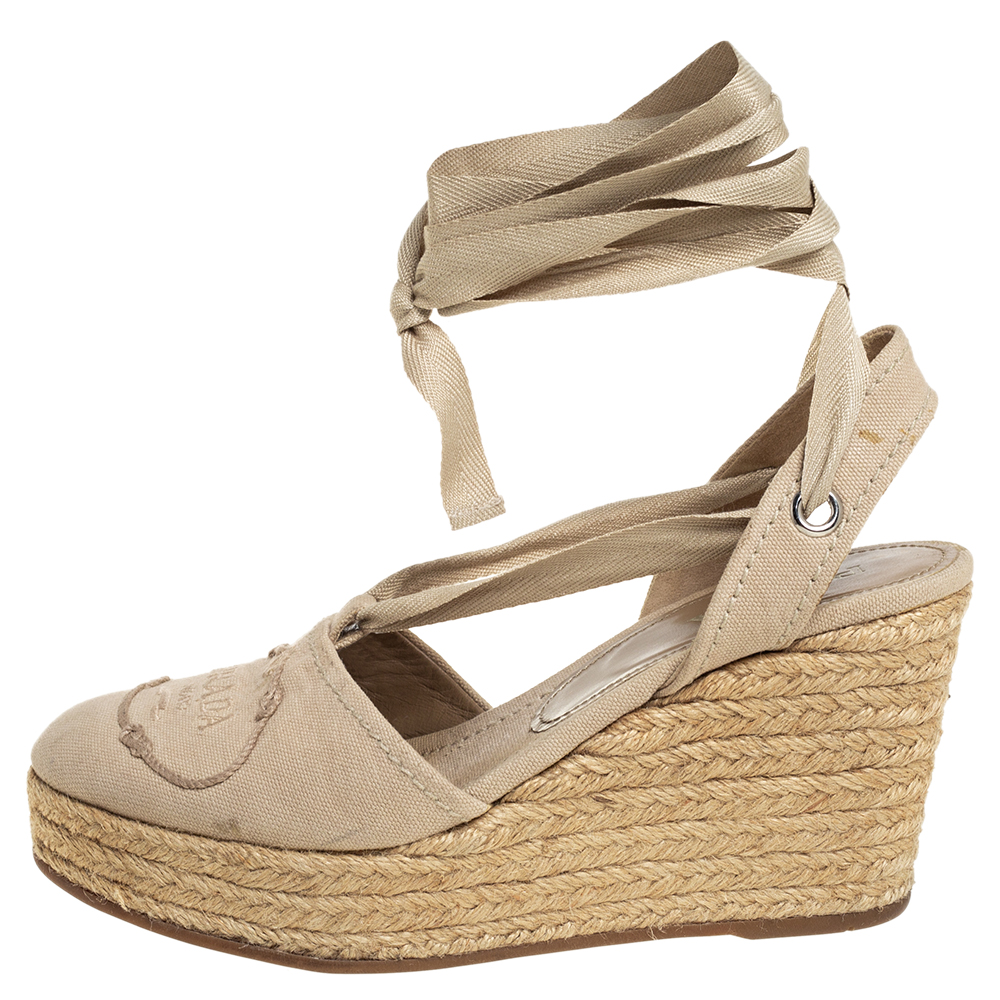 

Prada Beige Canvas Espadrille Ankle Wrap Wedge Sandals Size