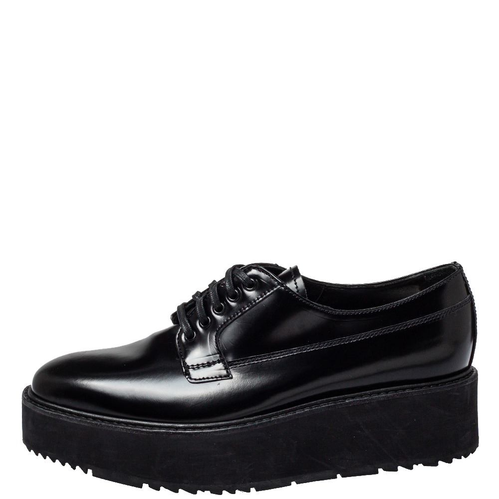 

Prada Black Leather Lace Up Platform Derby Size