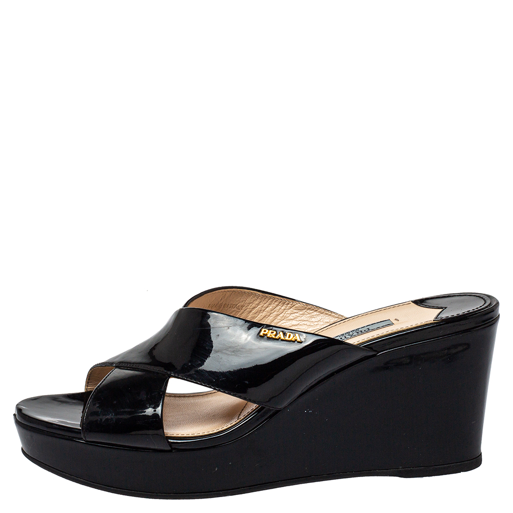 

Prada Black Patent Leather Cross Strap Wedge Sandals Size