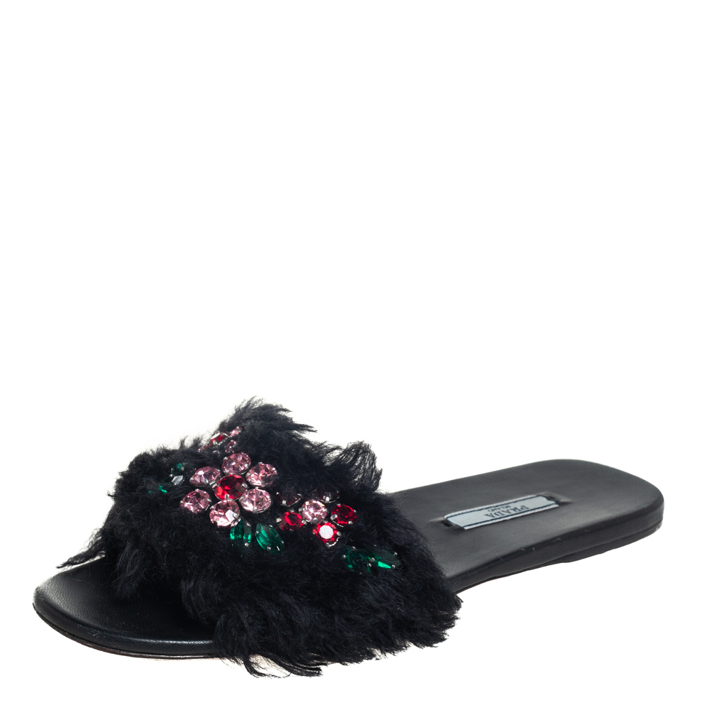 Pre-owned Prada Black Fur Crystal Embellishment Flat Sandals Size 37.5
