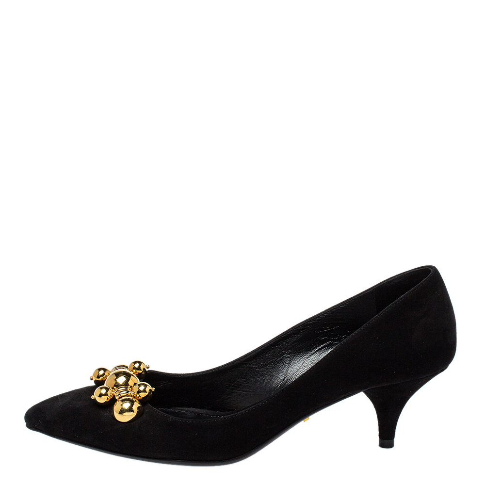 

Prada Black Suede Embellished Kitten Heels Pumps Size