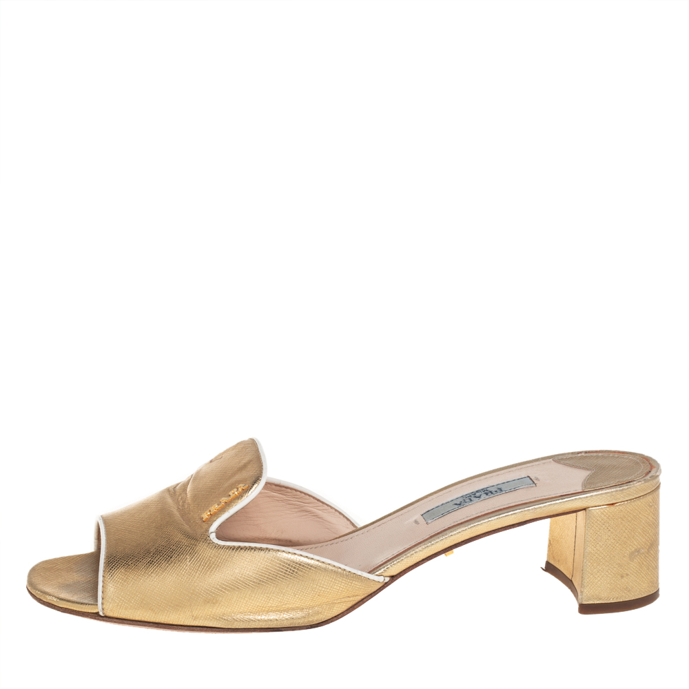 

Prada Gold Saffiano Leather Block Heel Slide Sandals Size