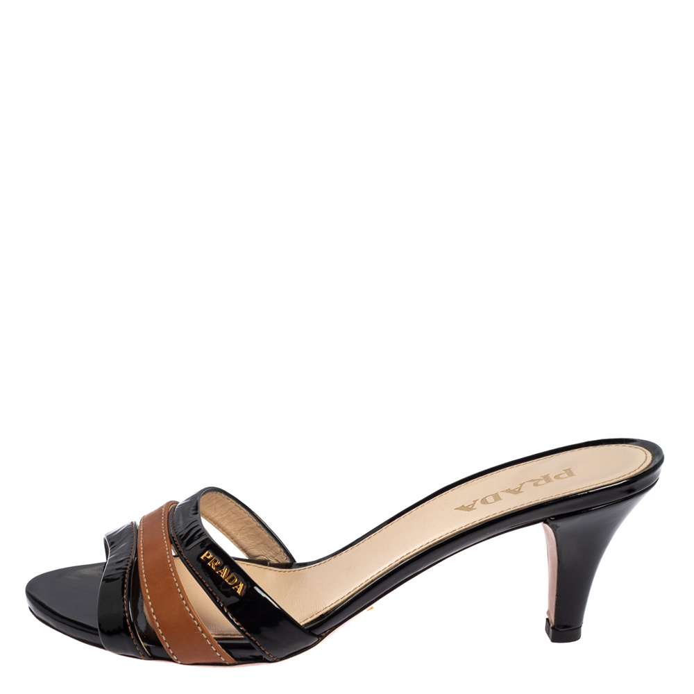 

Prada Black/Brown Patent Leather Open Toe Slide Sandals Size