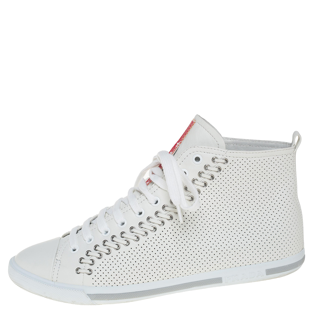 

Prada White Perforated Leather High Top Sneakers Size