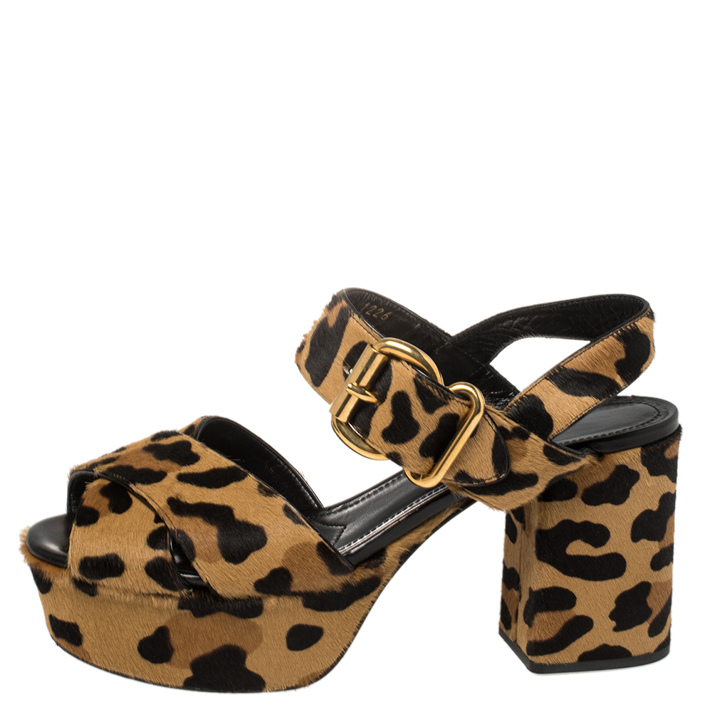 

Prada Brown/Beige Leopard Print Calf Hair Criss Cross Platform Ankle Strap Sandals Size