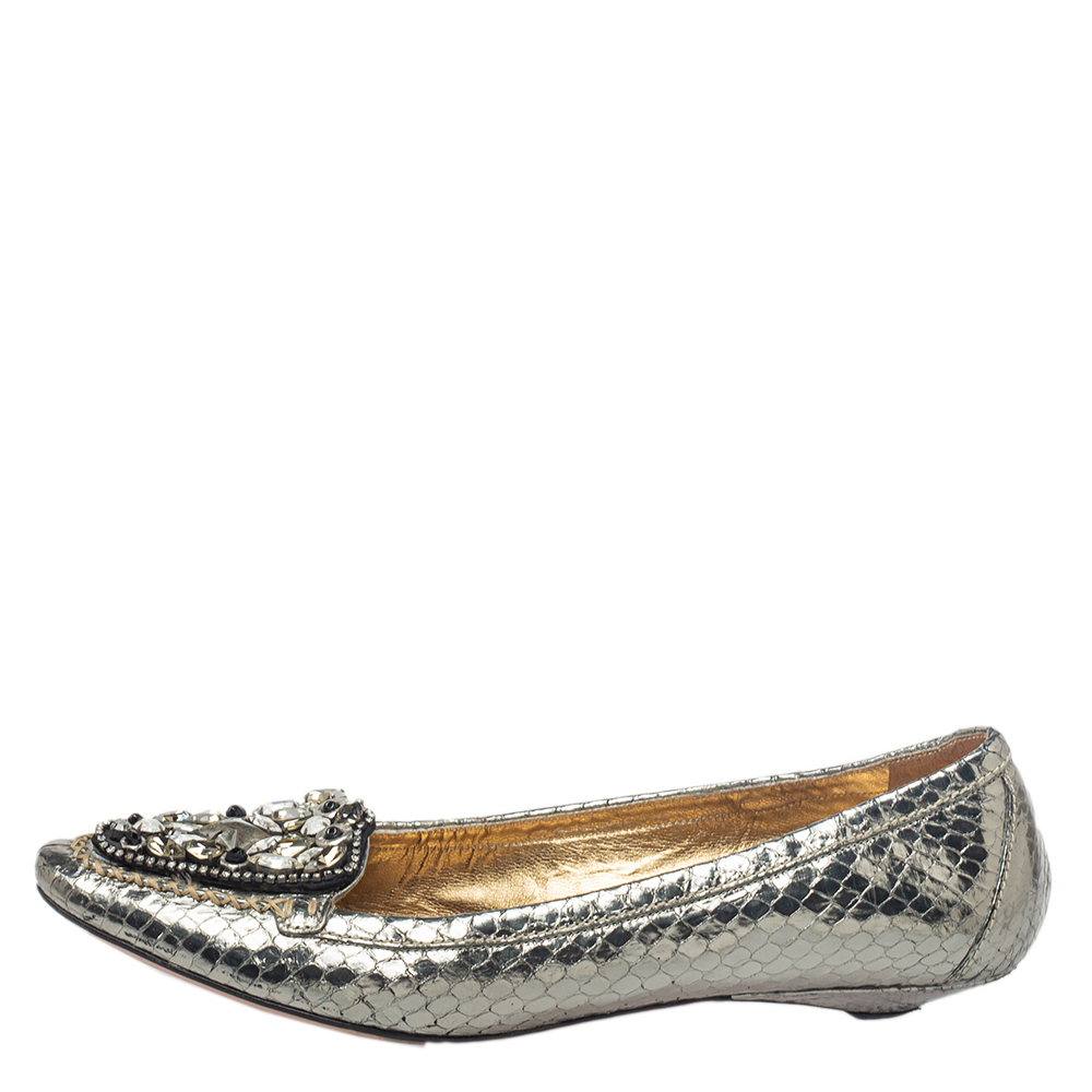 

Prada Metallic Silver Snakeskin Embossed Leather Embellished Loafers Size