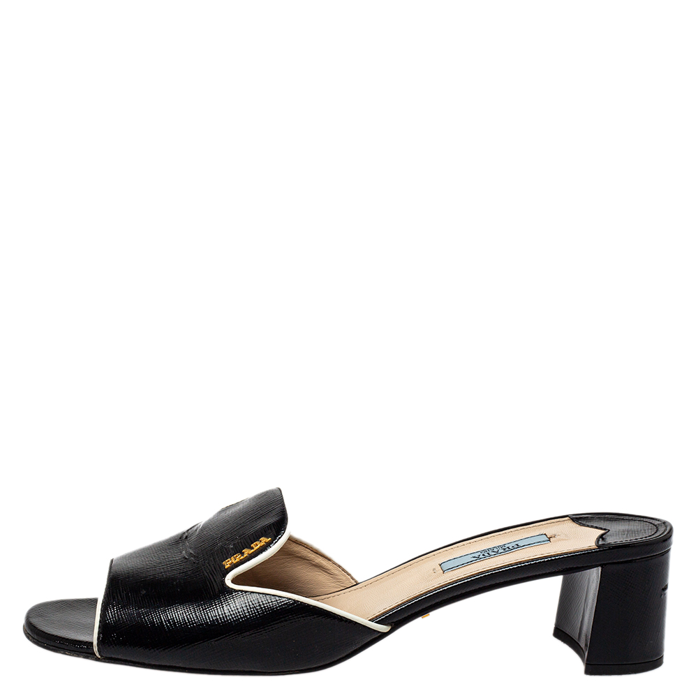 

Prada Black Patent Saffiano Leather Block Heel Slide Sandals Size