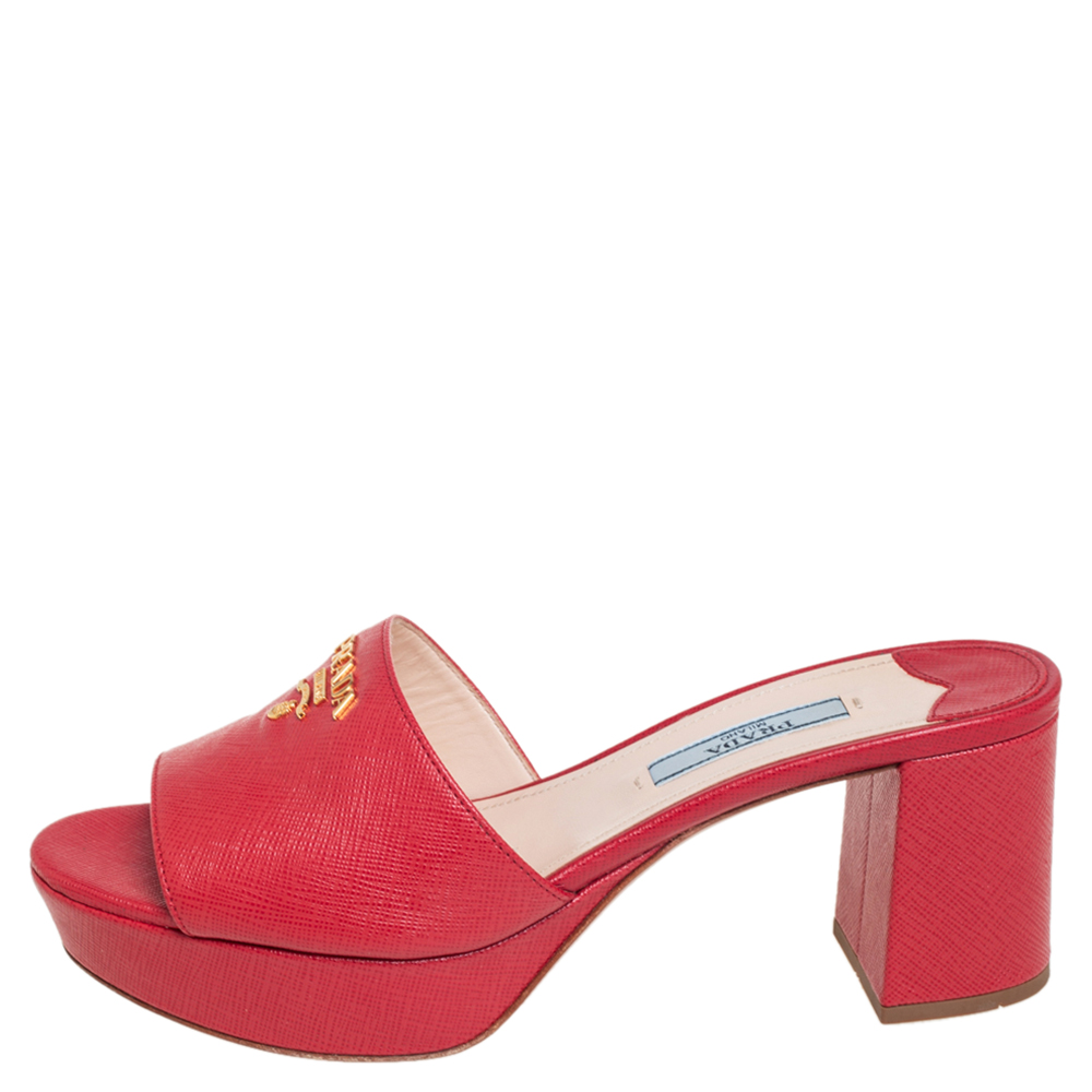 

Prada Red Saffiano Leather Block Heel Slide Sandals Size