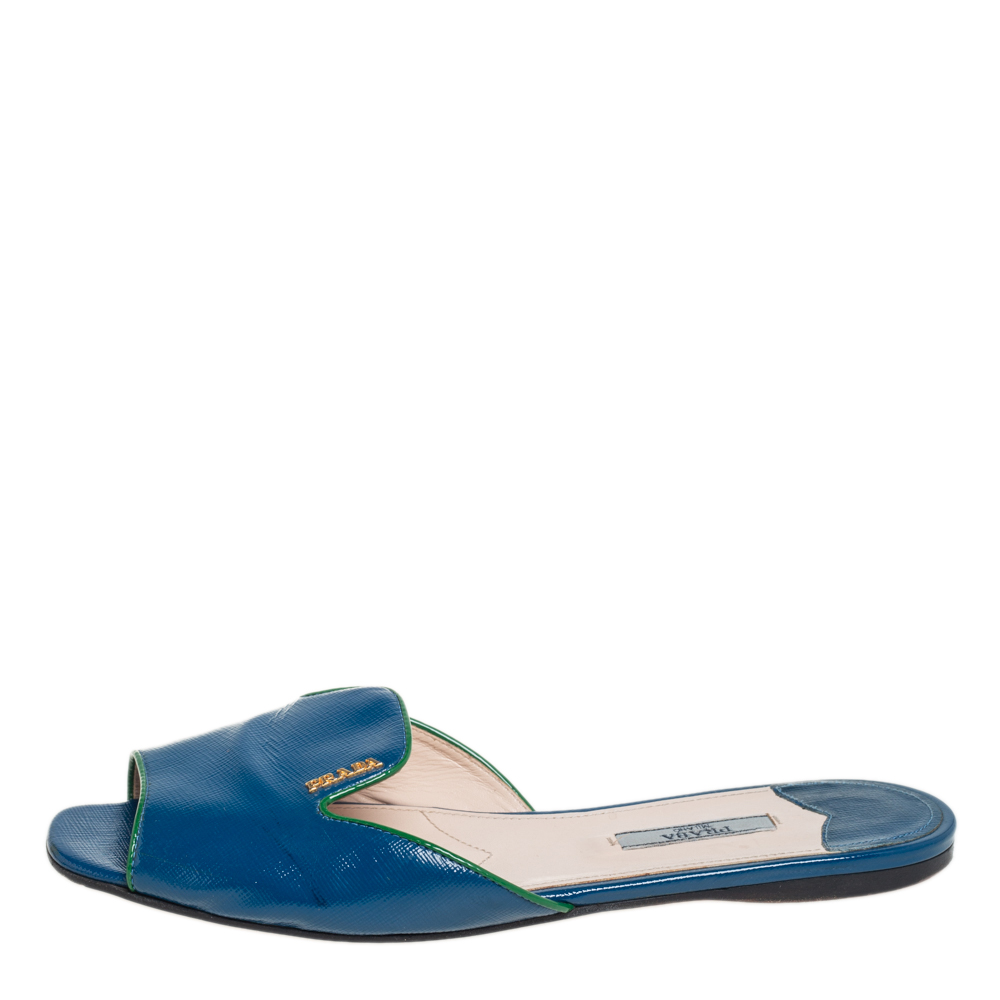 

Prada Blue Patent Saffiano Leather Flat Slides Size