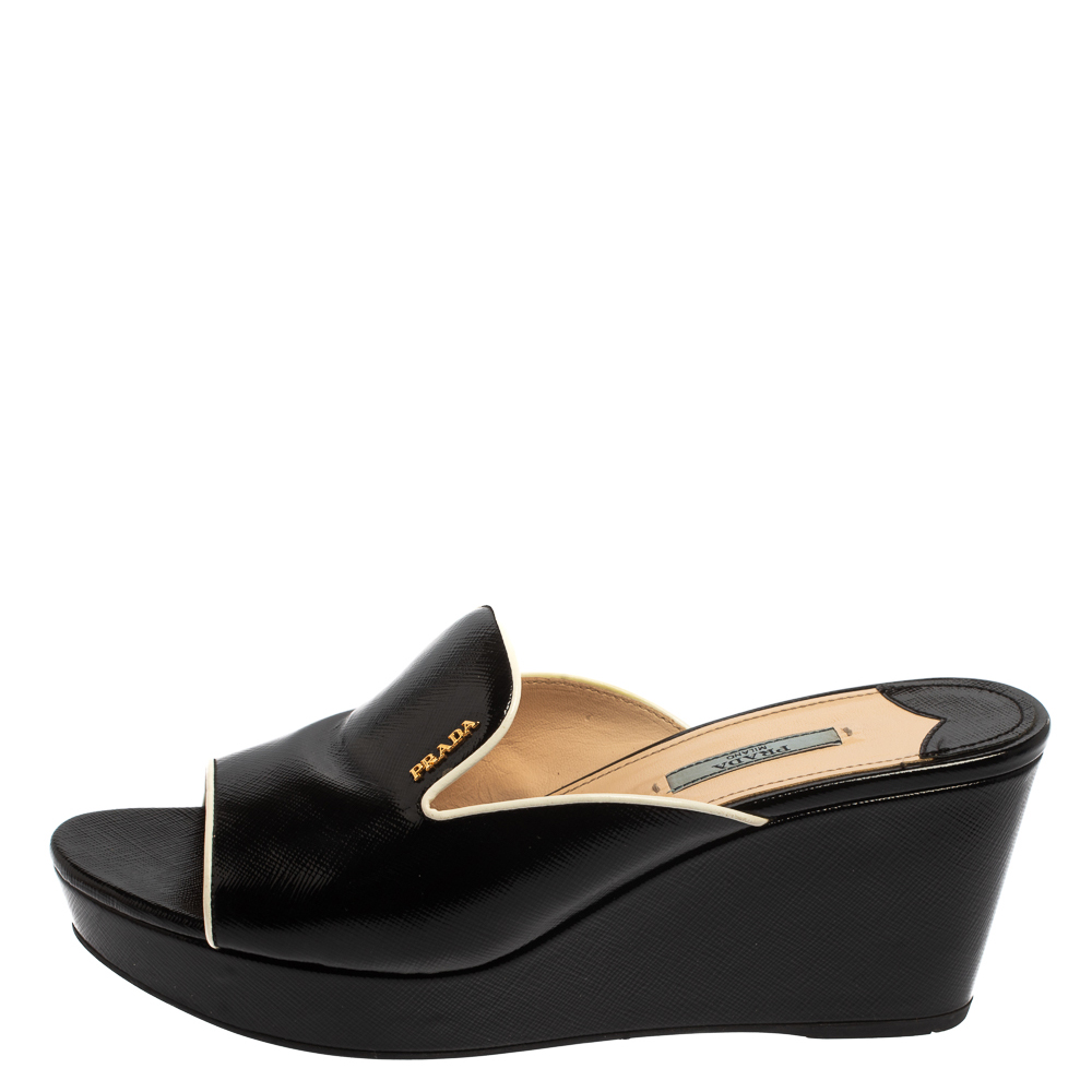 

Prada Black Patent Saffiano Leather Wedge Platform Slide Sandals Size