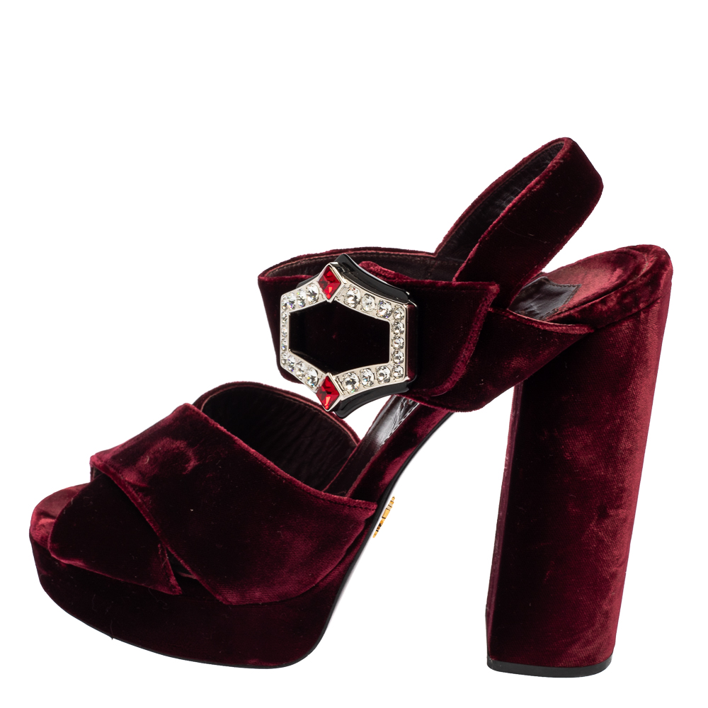 

Prada Burgundy Velvet Ankle Strap Sandals Size