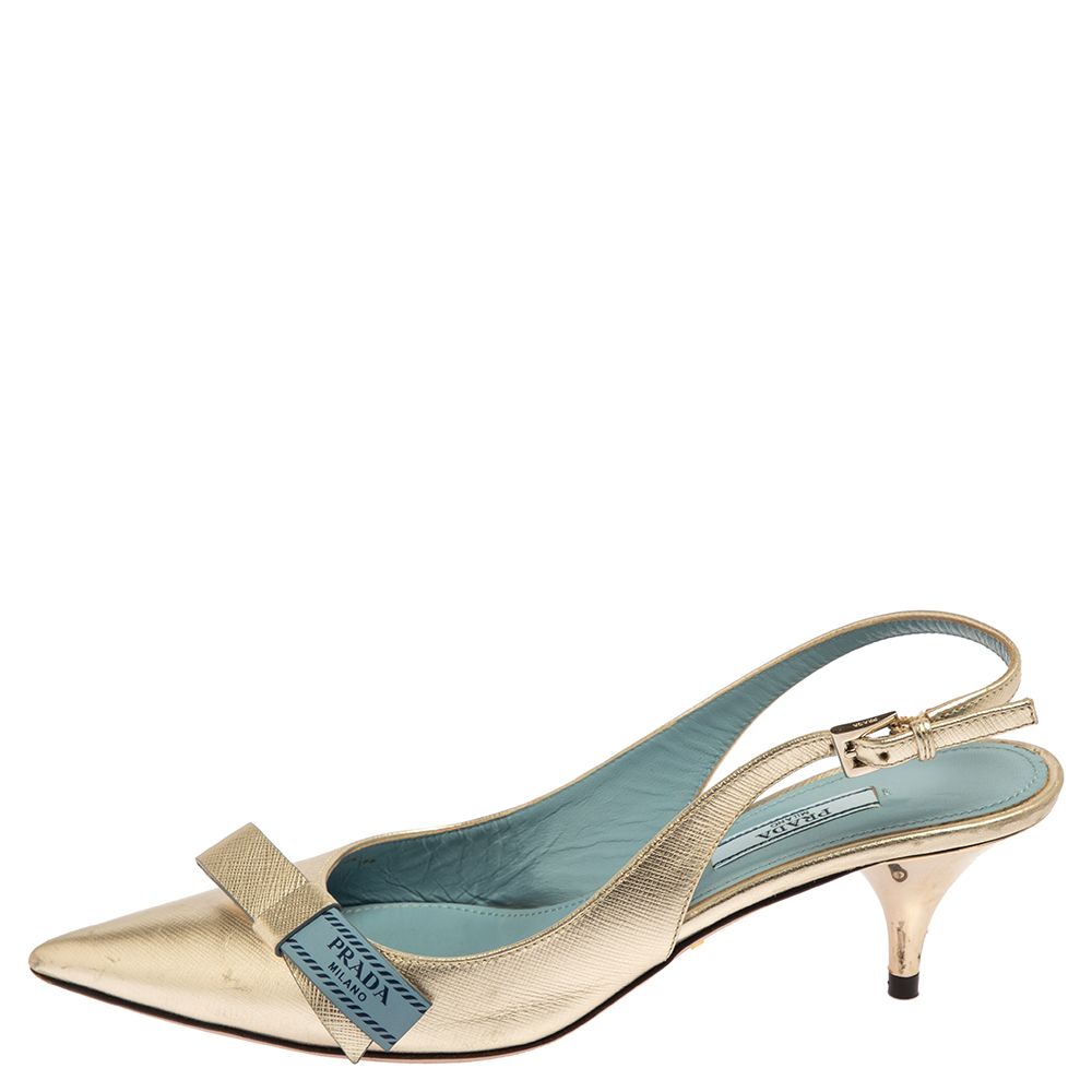

Prada Gold Leather Bow Slingback Sandals Size